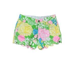 Lilly Pulitzer Buttercup Shorts Sz 00 Scalloped Hem 4" Bright Floral Preppy
